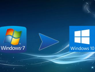 Monitor with logos of Windows 7 and Windows 10 OS