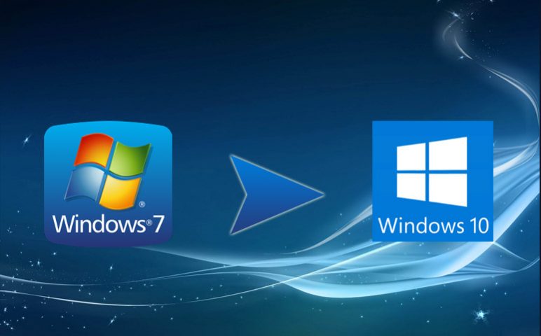 Monitor with logos of Windows 7 and Windows 10 OS